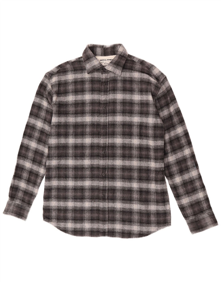 Camisa masculina de flanela xadrez Jack & Jones pequena de algodão cinza