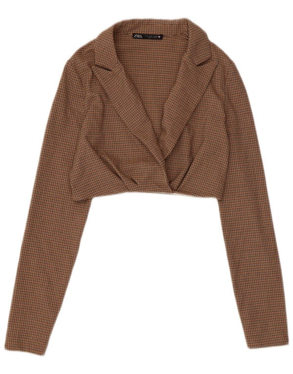 Zara Womens Crop Blazer Jacket UK 10 Small Brown Check Poliéster
