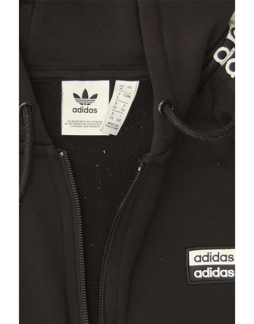 Suéter feminino Adidas com capuz e zíper gráfico UK 8 pequeno poliéster preto