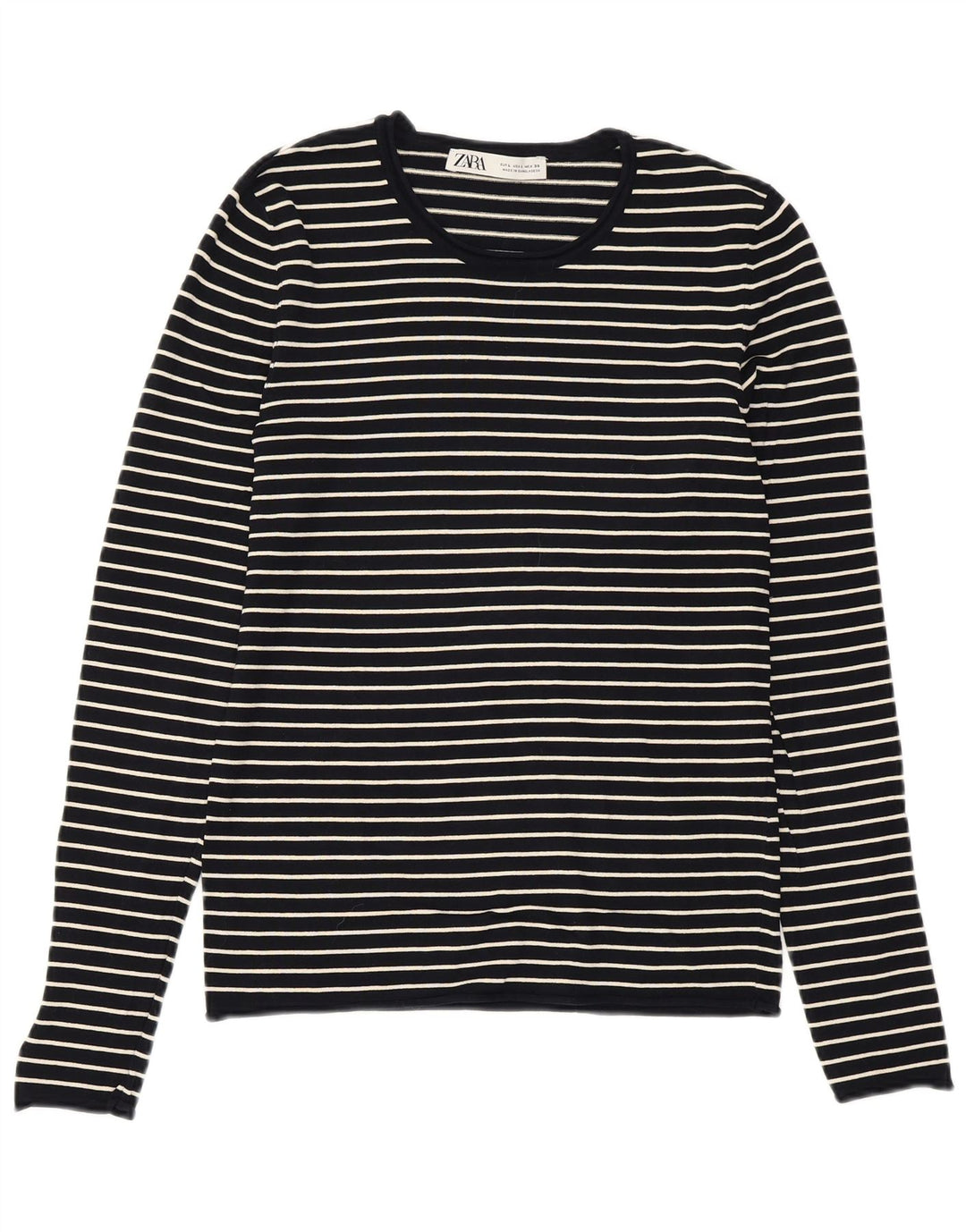 Suéter feminino ZARA com gola redonda, viscose listrada azul marinho grande Reino Unido 14