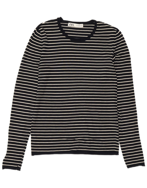 Suéter feminino ZARA com gola redonda, viscose listrada azul marinho grande Reino Unido 14