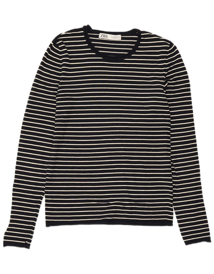 Suéter feminino ZARA com gola redonda, viscose listrada azul marinho grande Reino Unido 14
