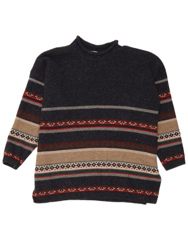 Suéter vintage masculino com gola tartaruga, médio, azul marinho, listrado, acrílico