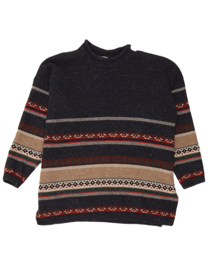 Suéter vintage masculino com gola tartaruga, médio, azul marinho, listrado, acrílico
