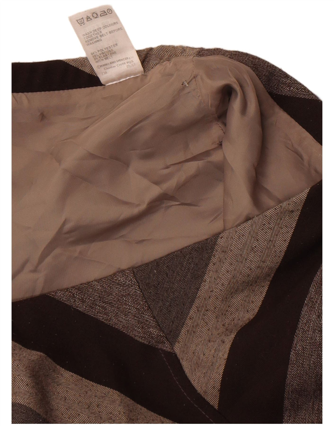 Saia midi feminina Marks & Spencer Reino Unido 16 grande W34 poliéster listrado marrom