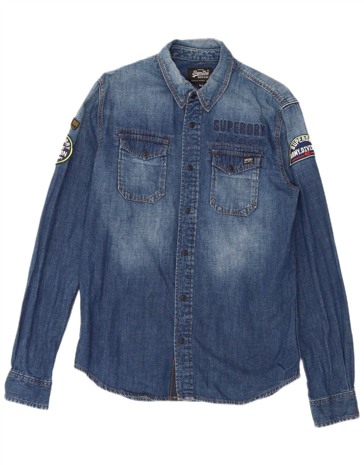 Camisa jeans masculina Superdry Graphic azul médio algodão