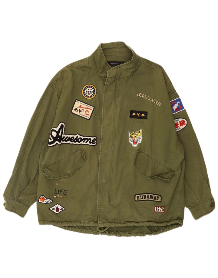 Jaqueta bomber feminina Zara com estampa gráfica grande Reino Unido 14 algodão cáqui médio