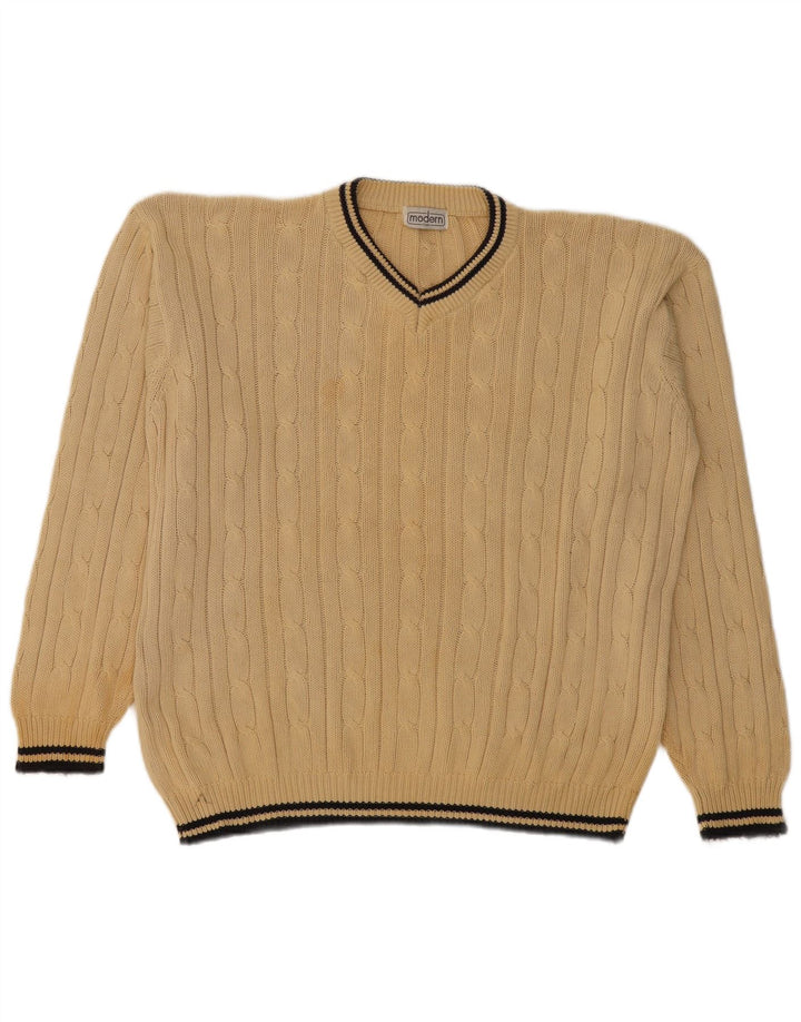 Suéter masculino VINTAGE solto com decote em V de algodão bege médio