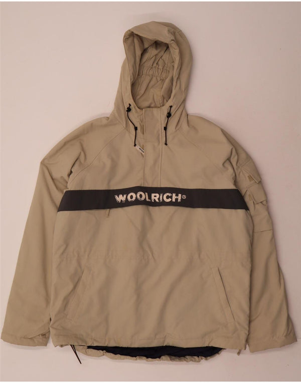 Jaqueta masculina Woolrich com capuz gráfico Anorak Reino Unido 40 grande bloco colorido bege