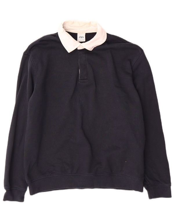 Zara Mens Polo Neck Sweatshirt Jumper Small Navy Blue Colourblock Cotton