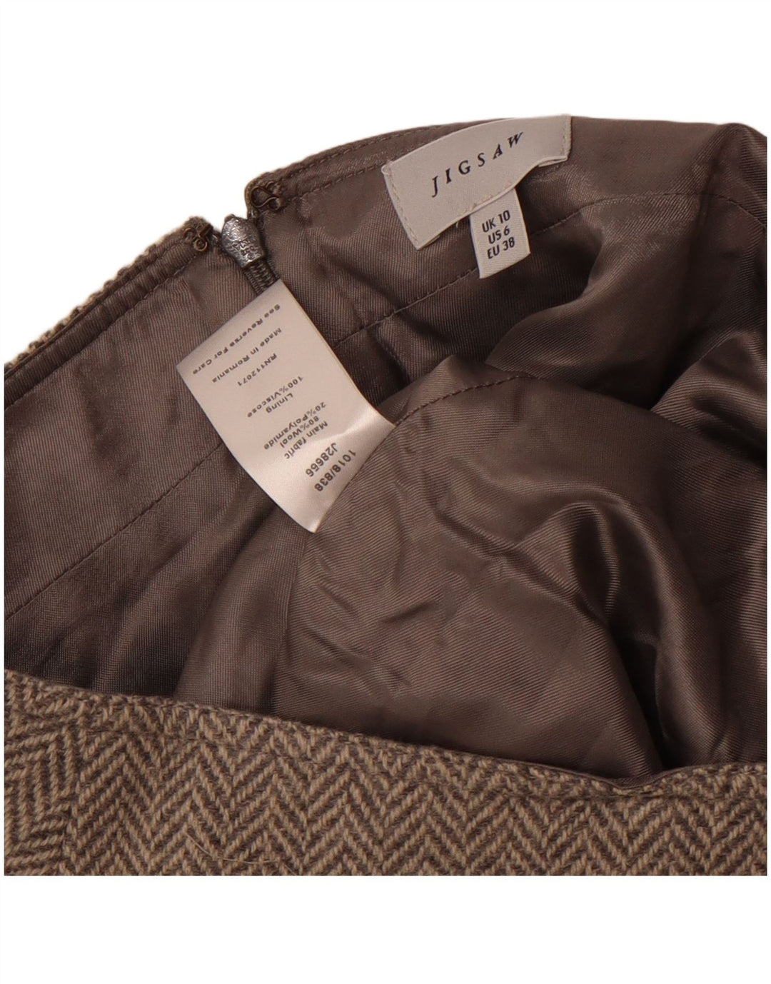 Saia evasê feminina Jigsaw Reino Unido 10 pequena W30 lã espinha de peixe cinza