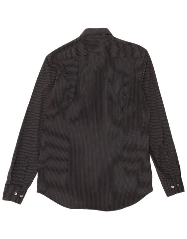 Camisa masculina Hugo Boss Slim Fit tamanho 39 15 1/2 algodão listrado preto médio