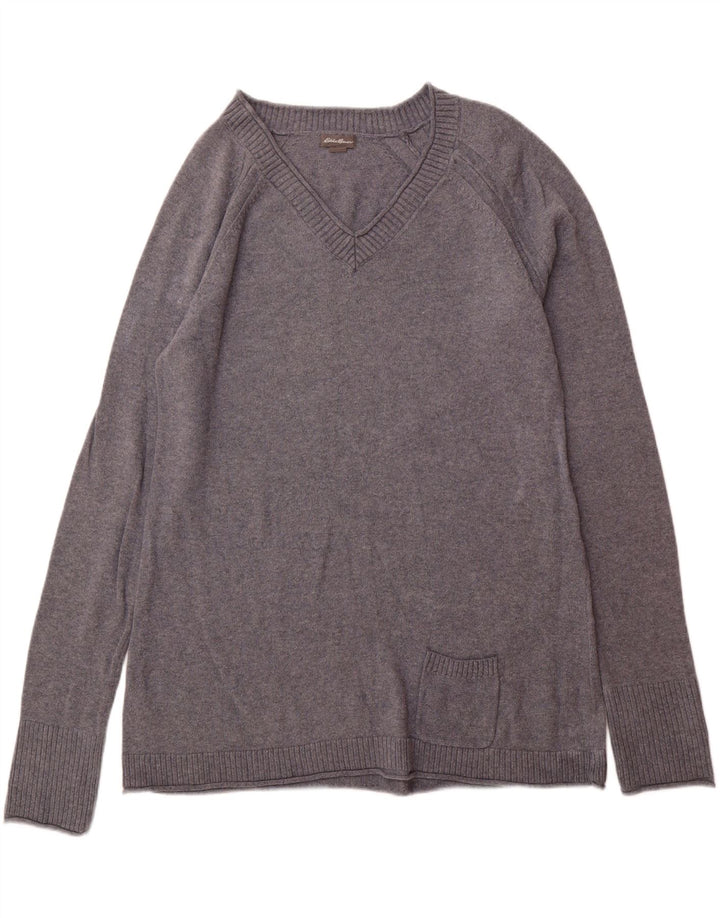EDDIE BAUER Suéter feminino com decote em V Reino Unido 16 grande algodão cinza