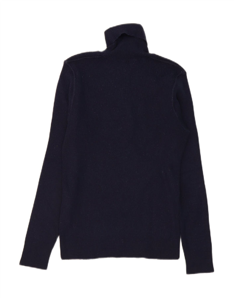 BIKKEMBERGS Mens Graphic Roll Neck Jumper Sweater Medium Navy Blue Wool Vintage Bikkembergs and Second-Hand Bikkembergs from Messina Hembry 