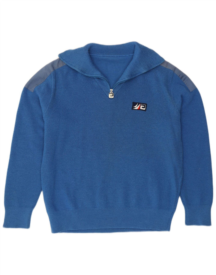 Suéter vintage masculino com zíper e decote em bloco grande azul colorido