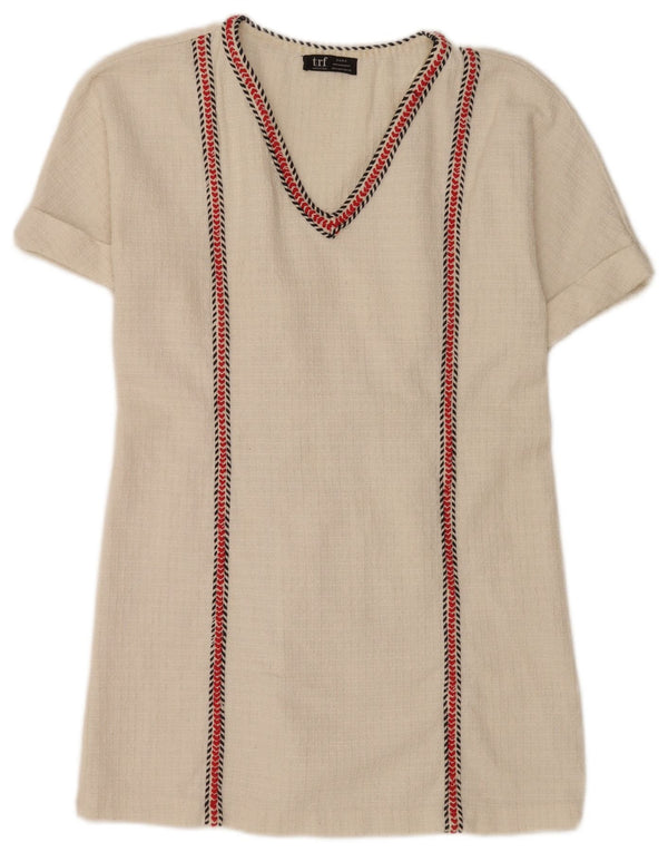 Zara Womens Trafaluc Túnica Top UK 10 Pequeno Algodão Listrado Branco