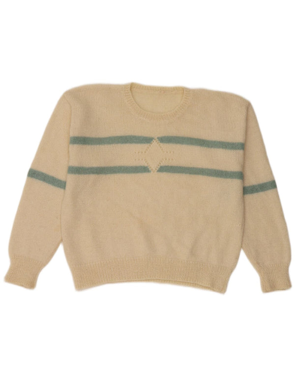 Suéter feminino vintage com gola redonda UK 14 listrado branco médio