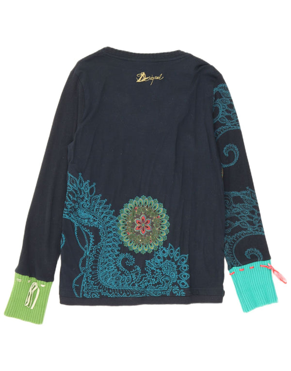Top gráfico feminino Desigual manga comprida UK 18 XL azul marinho algodão floral