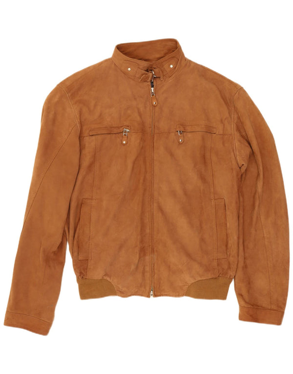 Jaqueta bomber masculina vintage de camurça com zíper Reino Unido 38 couro marrom médio