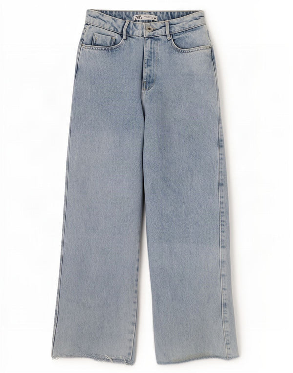Zara Jeans feminino cintura alta com perna larga EU 34 2XS W24 L26 algodão azul