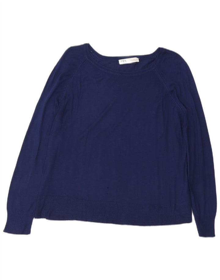 Suéter feminino Zara com gola canoa Reino Unido 14 viscose azul marinho médio
