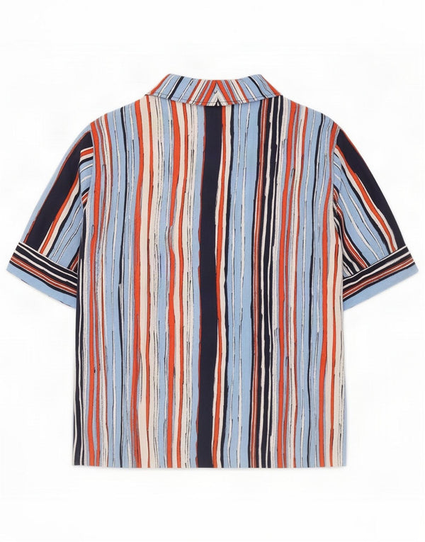Camisa feminina vintage de manga curta UK 16 grande listrada multicolorida