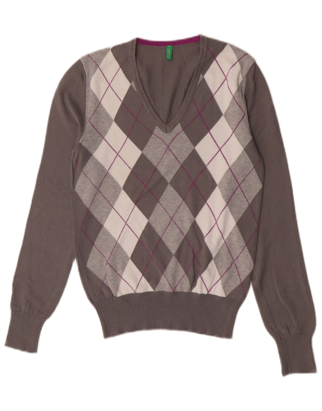Suéter feminino Benetton com decote em V Reino Unido 10 pequeno cinza Argyle / diamante