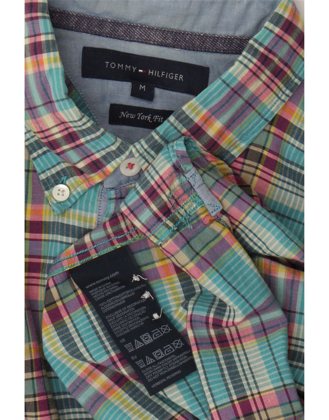 Camisa masculina Tommy Hilfiger New York Fit média turquesa xadrez algodão