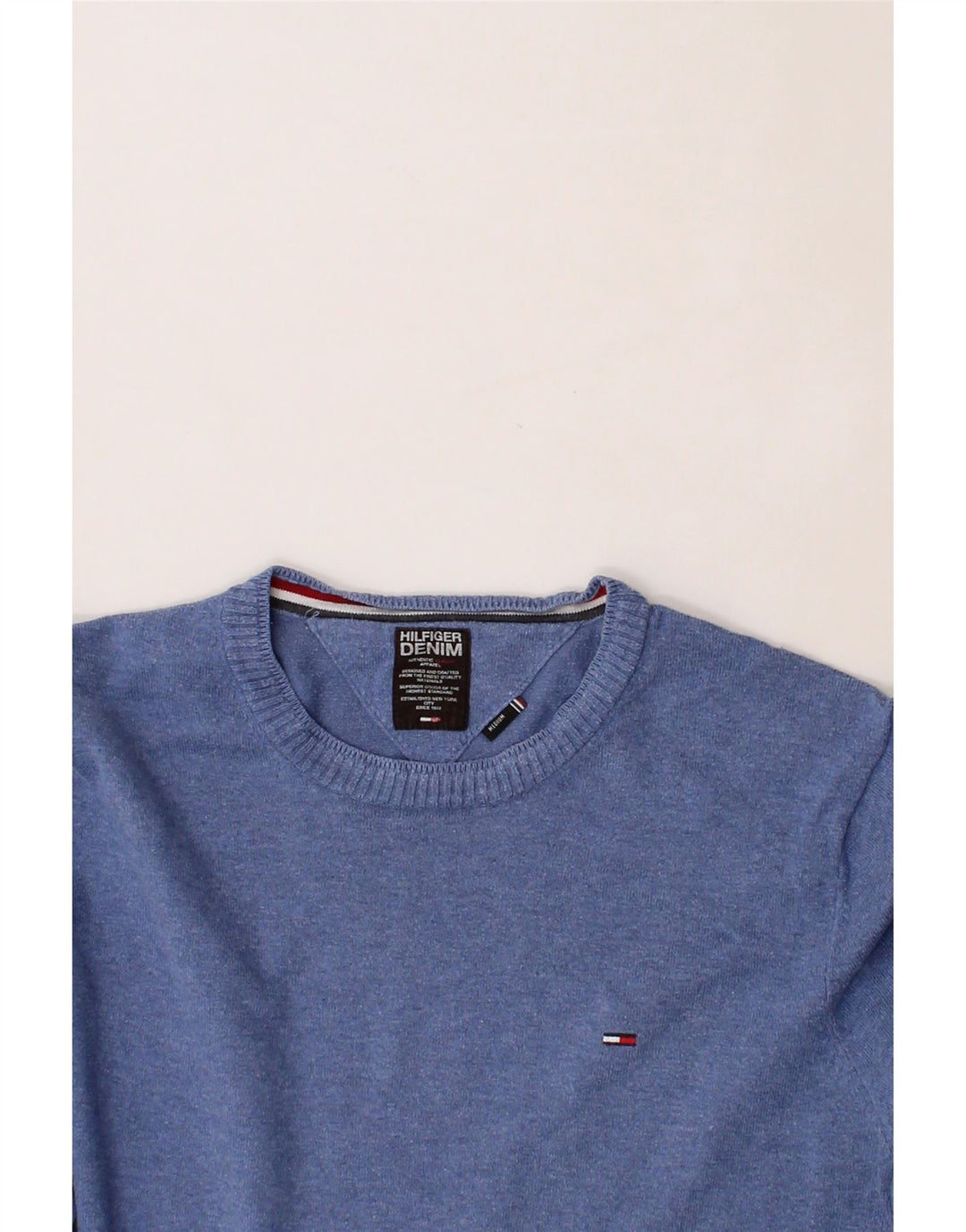 TOMMY HILFIGER Mens Crew Neck Jumper Sweater Medium Blue Cotton Vintage Tommy Hilfiger and Second-Hand Tommy Hilfiger from Messina Hembry 