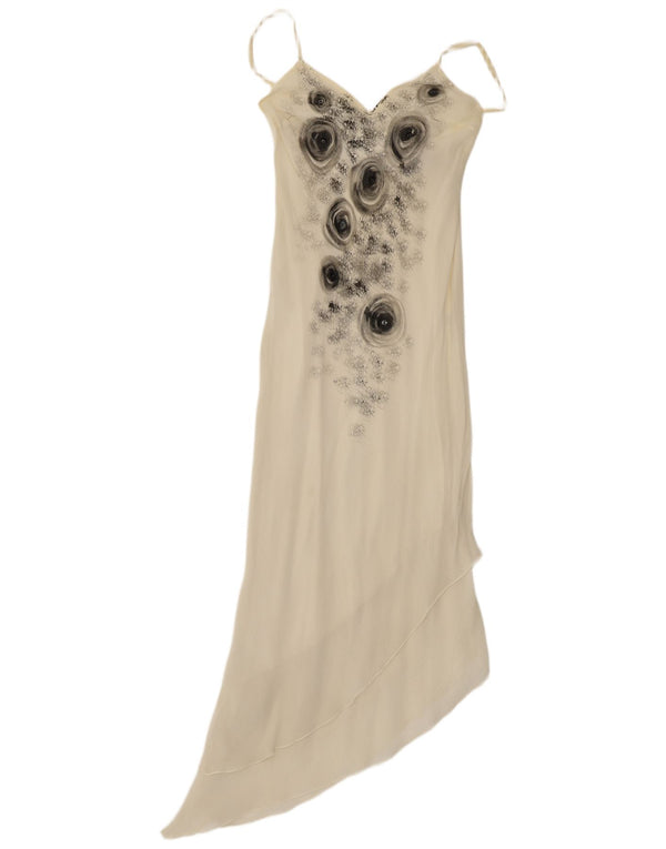 Vestido maxi assimétrico feminino vintage Reino Unido 12 médio off white floral