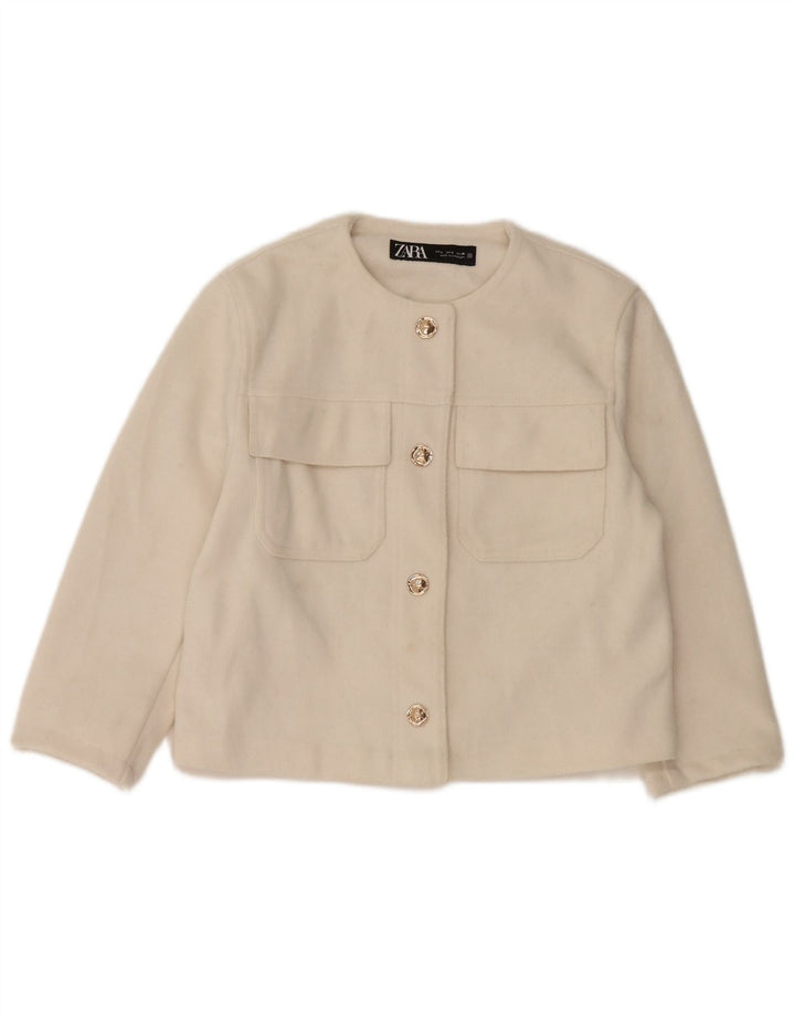 Jaqueta blazer feminina Zara com 4 botões UK 10 poliéster branco pequeno