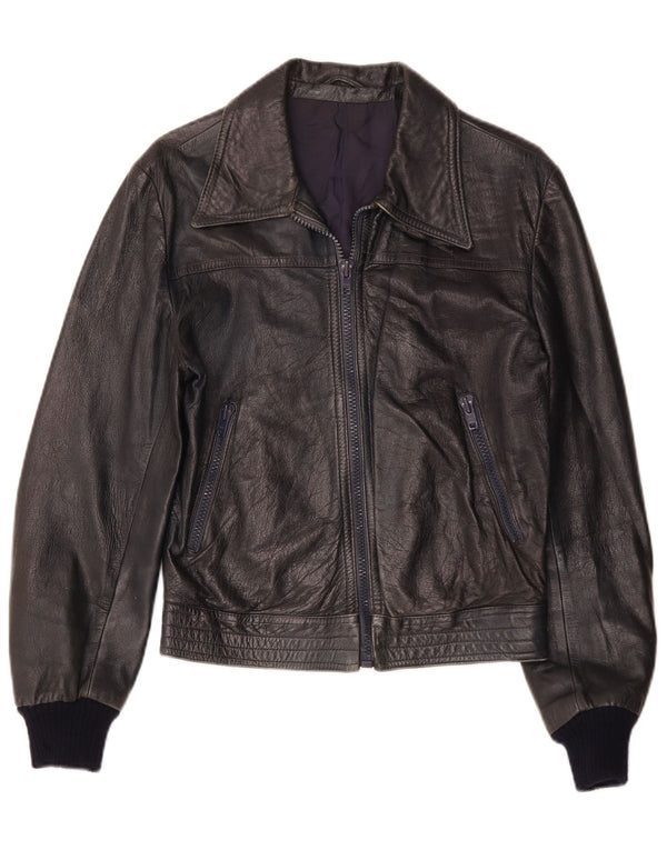 Jaqueta de couro feminina vintage IT 52 2XL azul marinho