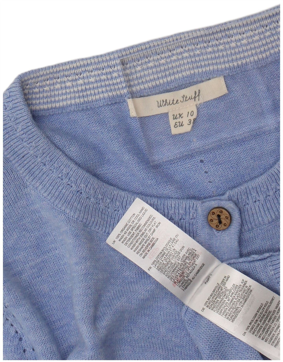 Suéter cardigã feminino WHITE STUFF Reino Unido 10 pequeno algodão manchado azul