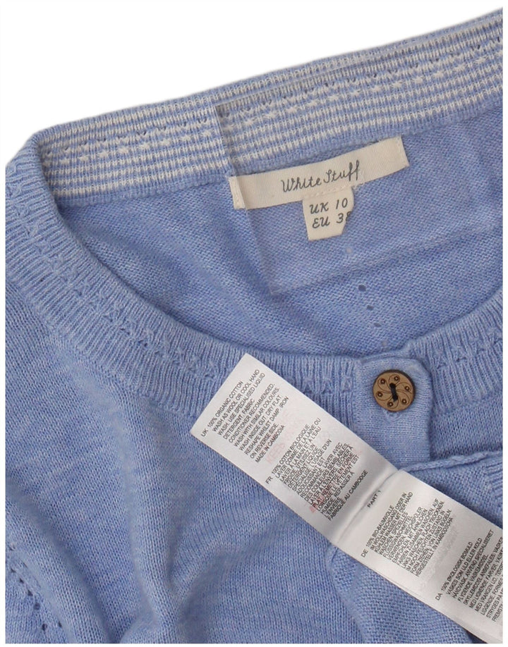 Suéter cardigã feminino WHITE STUFF Reino Unido 10 pequeno algodão manchado azul