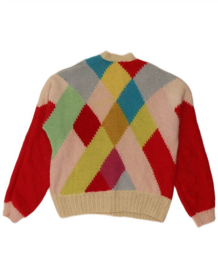 Suéter cardigã feminino VINTAGE UK 14 grande multicolorido Argyle/Diamante