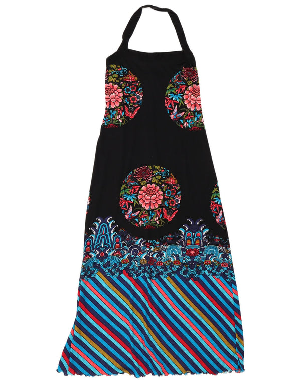 Vestido feminino vintage maxi halter UK 10 pequeno floral preto