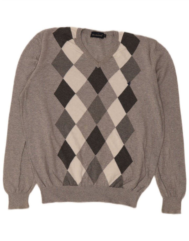 Suéter masculino Brooksfield com decote em V IT 50 cinza médio argyle/diamante