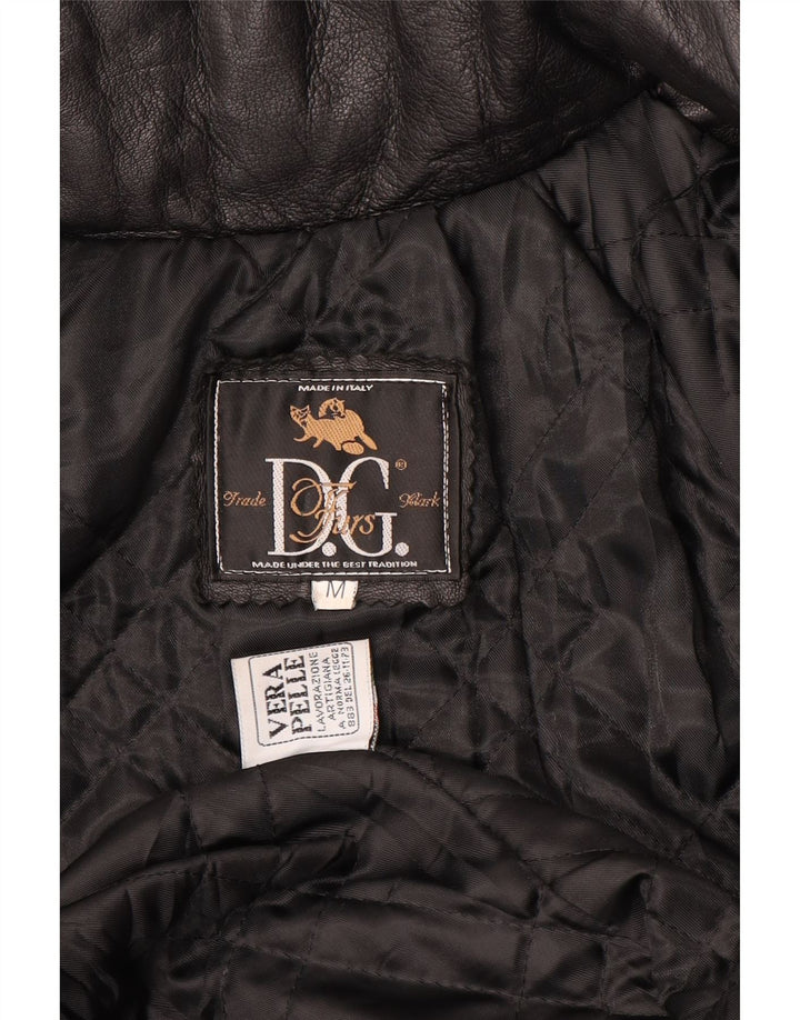 Casaco feminino de couro com capuz grande VINTAGE Reino Unido 14 couro preto médio