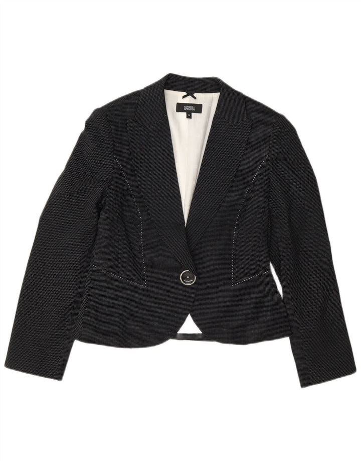Jaqueta blazer feminina de 1 botão Marks & Spencer UK 10 pequena azul marinho manchada
