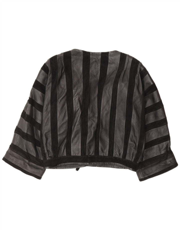 Jaqueta bomber de couro feminina vintage Reino Unido 14 couro listrado preto médio