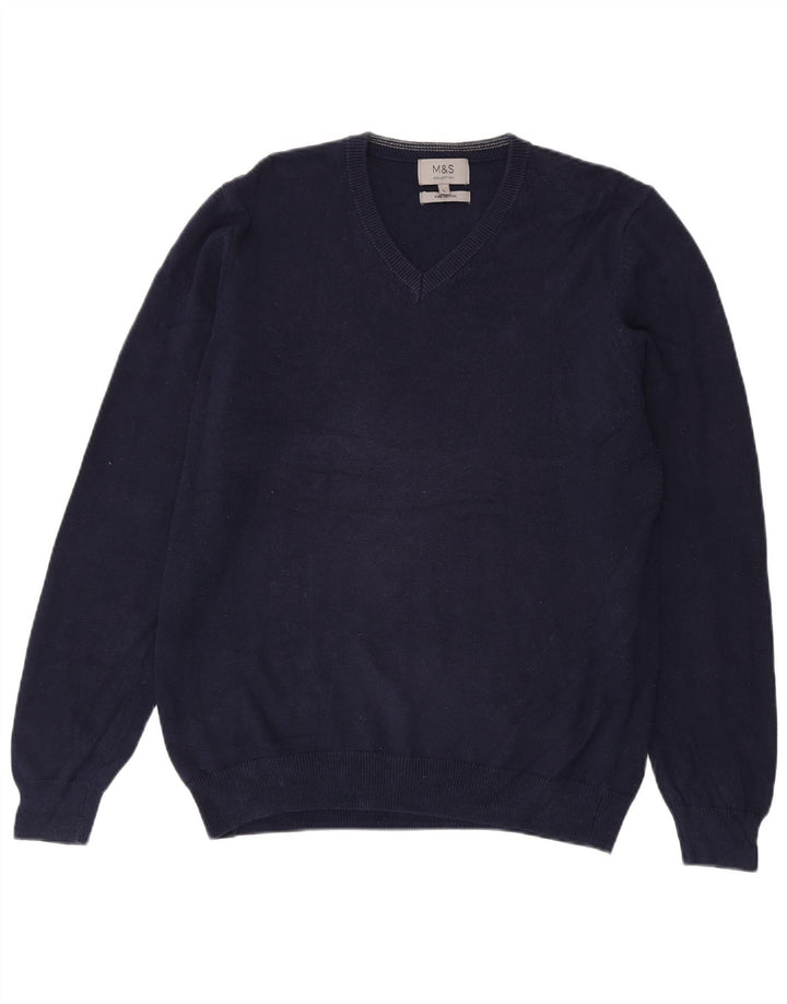 Suéter masculino Marks & Spencer com decote em V grande algodão azul marinho