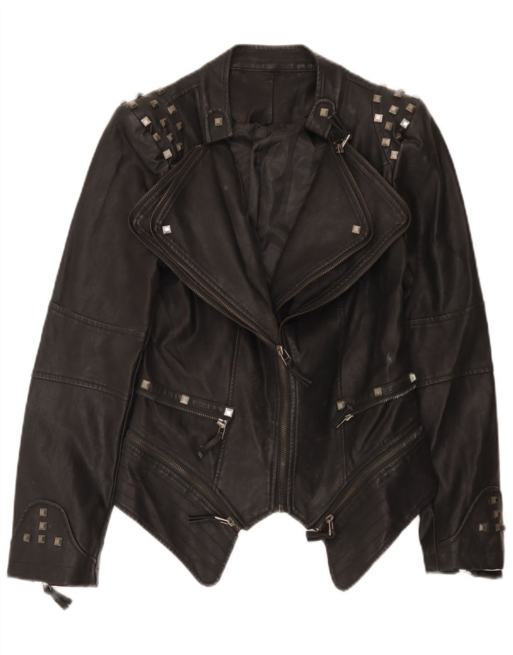 Jaqueta feminina vintage de couro para motociclista UK 10 pequena preta
