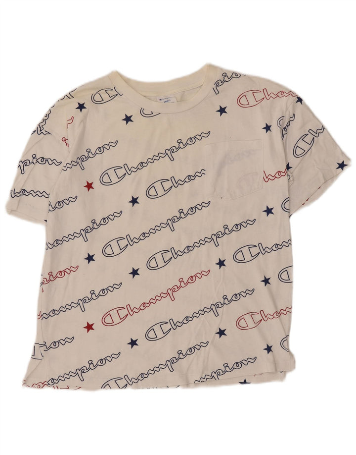 Camiseta feminina estampada grande Champion UK 10 pequena branca