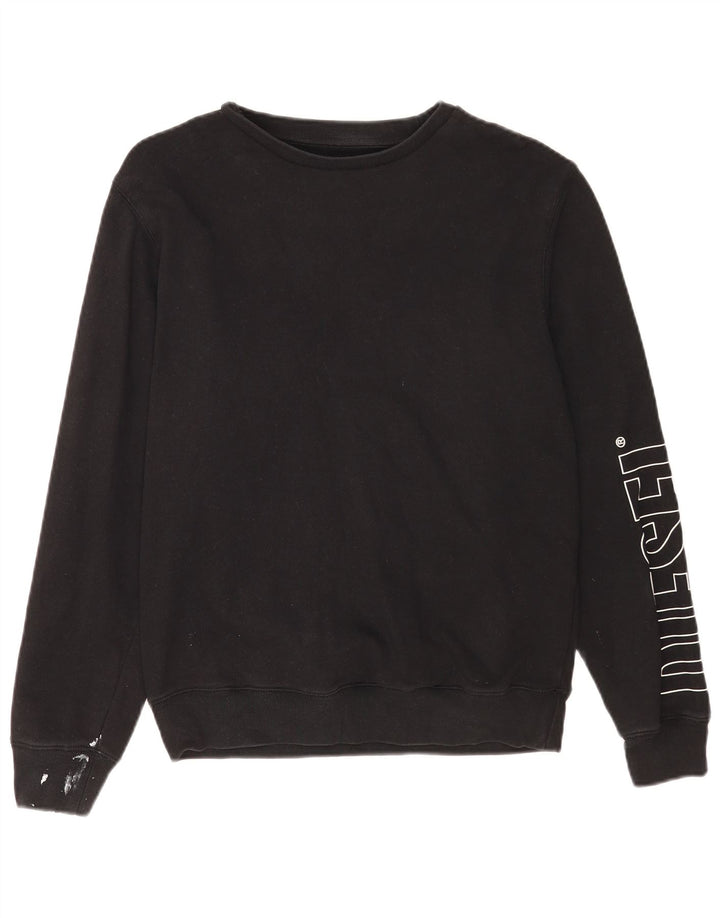 Diesel feminino gráfico moletom jumper UK 14 médio algodão preto