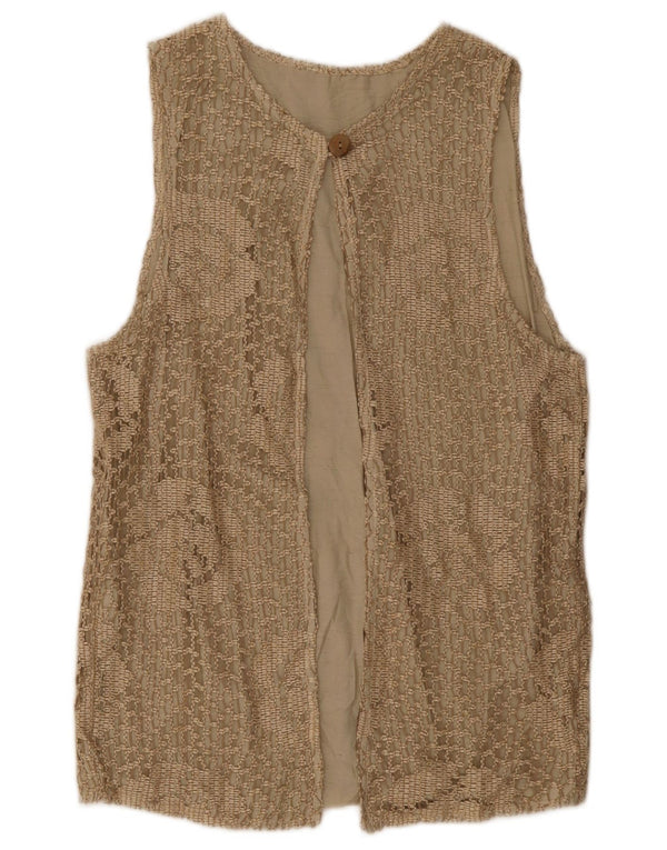 Cardigan feminino sem mangas vintage UK 14 floral bege médio