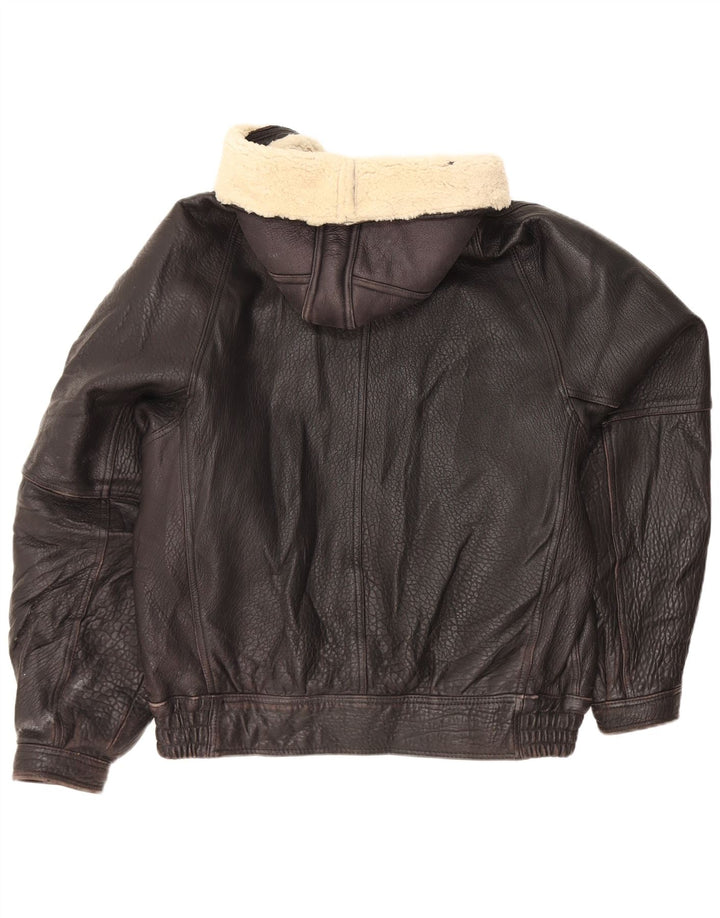 Jaqueta de couro masculina vintage com capuz UK 42 XL preta