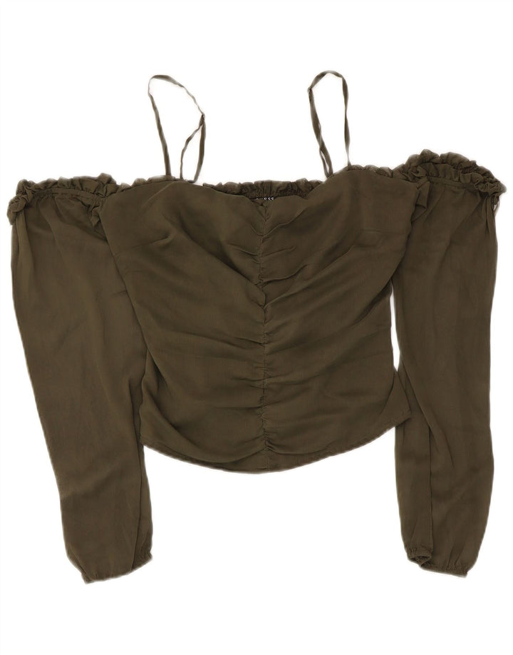 Guess Top feminino sem ombro UK 6 XS cáqui poliéster