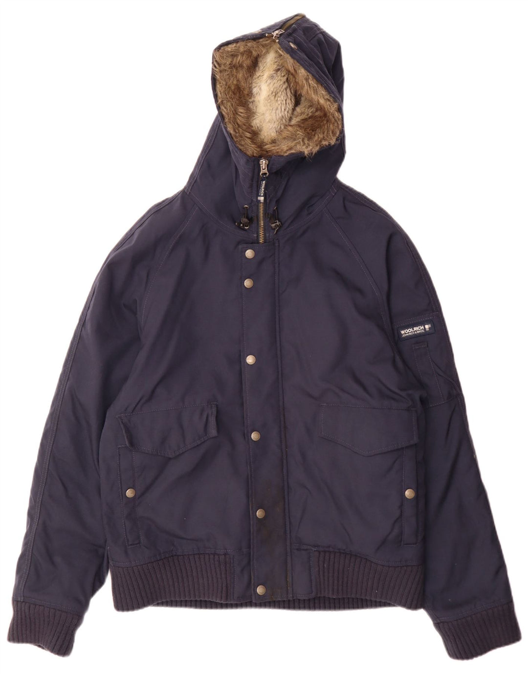 Jaqueta bomber masculina Woolrich com capuz Reino Unido 38 nylon azul marinho médio