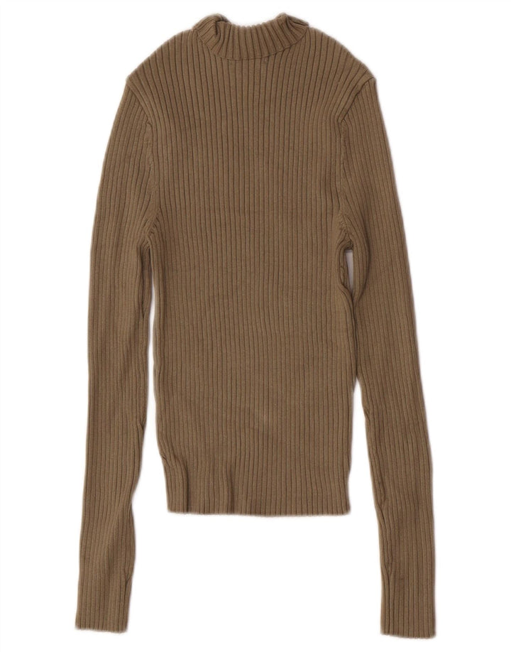Top feminino Zara com gola redonda e manga comprida Reino Unido 12 viscose cáqui médio