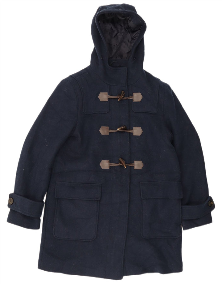 Casaco Duffle feminino com capuz Marks & Spencer Reino Unido 12 poliéster azul marinho médio